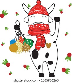Vectorial Christmas sticker with Santa Claus and his cow 