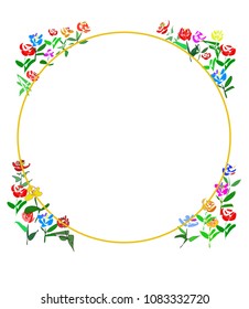Vectorial Circle with colorful doodle flowers. Unique composition for greeting cards, banners, invitation, flyer, postcard for holidays, birthday, celebration, marriage with space for your text.