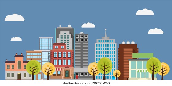 The vectorial City on the blue background. Flat design