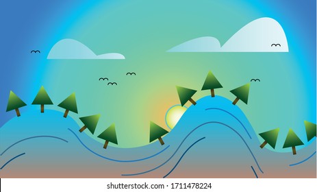 Vectorial colorful sunset illustration with clouds and birds included.