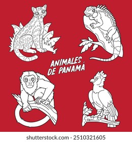 Ilustración vectorial de cuatro animales icónicos de Panamá: el tigrillo, el mono aullador, la iguana verde y el águila arpía. Cada animal está repräsentado con detalles realistas en blanco y negro.