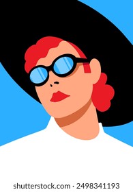 Ilustración vectorial de mujer moderna con sombrero y gafas sobre fondo azul vibrante