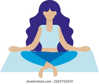 Ilustración vectorial de mujer de pelo largo practicando yoga. Meditación y relajación. Mujer sentada en el suelo. Actividades saludables. 