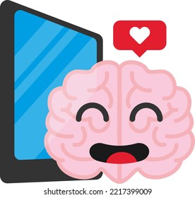 Ilustración vectorial de un cerebro junto a un telefono. Redes sociales, comentario y like. Adiccion a las redes sociales.