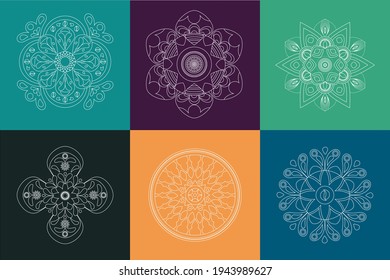 Vectorial design of six mandala patterns on colored backgrounds. Set of floral and circular mandalas. Vector with uncolored mandalas in different shapes and beautiful designs.
