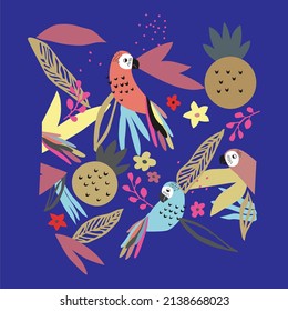 the vectorial drawing pattern designed with birds is designed for t-shirts on a navy blue background.eps