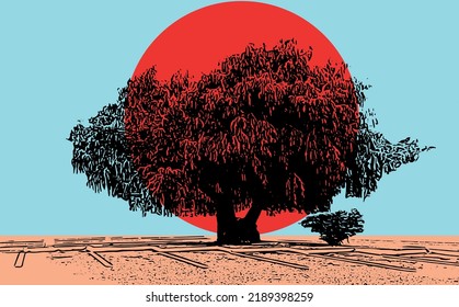 Vectorial drawing of tree in open space composed with geometrical figures and basic color palette, free art and inspiration.