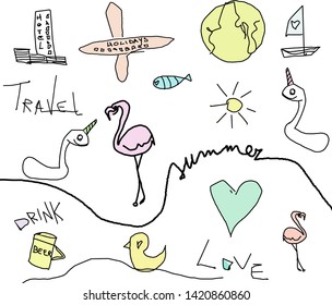 Vectorial drawings with summer items: unicorns, birds, plane, heart, beer glass, sun.