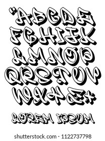 Vectorial font in graffiti hand written 3D style. Capital letters alphabet. Isolated on white background.