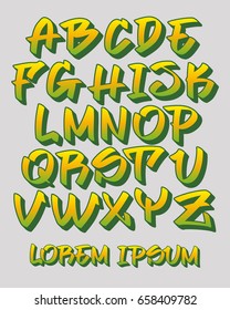 Vectorial font in readable graffiti hand written 3D style. Capital letters alphabet. Customizable colors.