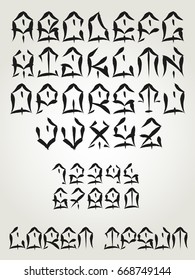 Vectorial Font In West Coast Graffiti Hand Written Strokes Style. Capital Tattoo Letters And Numbers Alphabet.