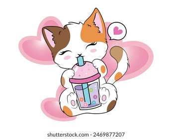 Ilustración vectorial, gato feliz rodeado de corazones. fondo abstracto, Diseño para imprimir en camisa, póster, banner. Impresión de camiseta.