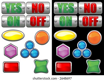 Vectorial glass buttons with different colors. One set with black stroke over white background and other set with white stroke over black background