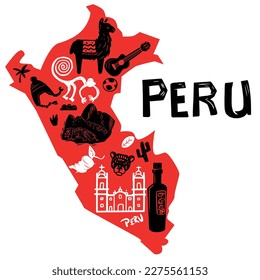 Vectorial hand drawn stylized map of Peru landmarks. Travel illustration. Peru geography illustration. South America map element