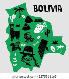 Vectorial hand drawn stylized map of Bolivia landmarks. Travel illustration. Bolivia geography illustration. South America map elements, separated icons