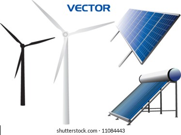 vectorial icons of solar water heating system, solar panels, wind turbines