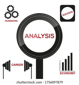 Vectorial illustration of analysis in black magnifier on white background. There are economy, career, teamwork and success icons around it.