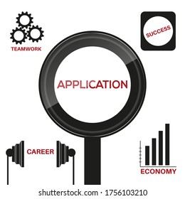 Vectorial illustration of application in black magnifier on white background. There are economy, career, teamwork and success icons around it.