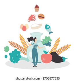 Vectorial illustration of a balanced nutrition, represented with the food pyramid of mediterranean diet. A girl stands between healthy foods, vegetables, water and cereals, choosing what to eat