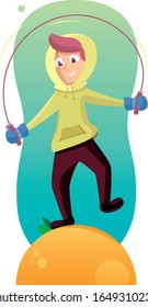 Vectorial Illustration of a boy jumping and playing with his rope. He's standing in a little planet, the background is an abstract shape with green and blue colors.