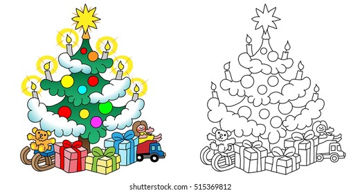 Vectorial illustration of Christmas Tree and Presents around. Coloring book page.