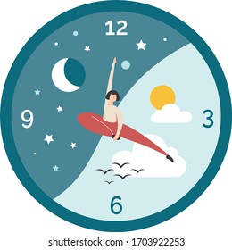 Vectorial illustration of a clock with human hands, representing the circadian rhythm of sleep and wakefulness. In the balanced cycle, a half circle contains the night and the other one the day.