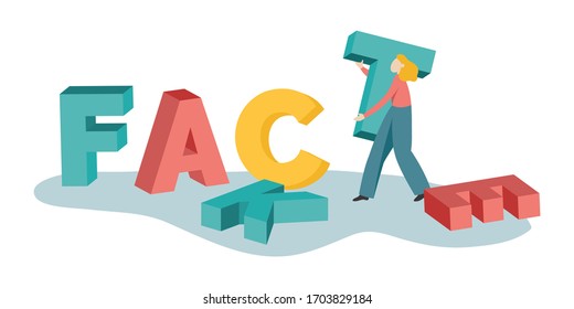 Vectorial illustration of concept of fake news. A young man changes letters to turn the word “fake” to “fact“. Big 3d coloured letters of word “fake” becoming “facts”.