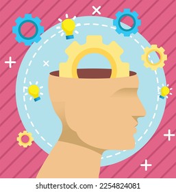 Vectorial illustration concept of knowledge, business innovation, mental process. human head with gears and spotlights