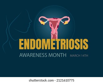 Vectorial illustration of endometriosis awareness.14 March.Female reproductive system with signs of endometriosis on blue background and silhouette of woman.Space for copy space