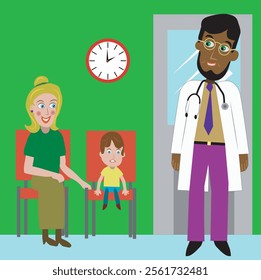 VECTORIAL ILLUSTRATION OF THE FIRST APPOINTMENT OF A CHILD AND HIS MOTHER AT THE DOCTOR OFFICE 