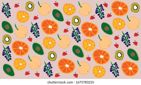 Vectorial Illustration of fresh cut fruits with grape, melon, orange, raspberry, kiwi and avocado, great for summer, spring and healthy subjects