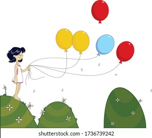 Vectorial Illustration, girl with colorful balloons over mountains with transparent background