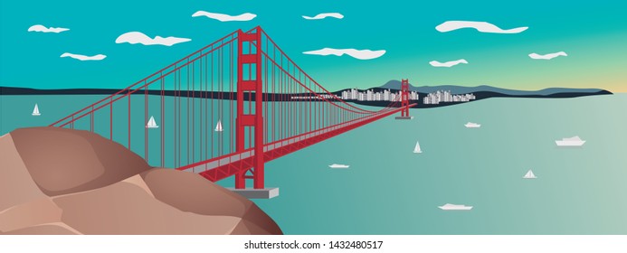 vectorial illustration of the Golden Gate Bridge sunset in San Francisco, California