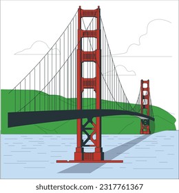 vectorial illustration of the Golden Gate Bridge sunset in San Francisco, California. Golden Gate Bridge, San Francisco, United States of America isolated. San Francisco skyline and Bay Bridge.