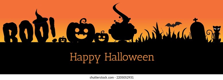 Vectorial illustration for halloween day celebration, with silhouettes of pumpkin, bat, cat, tombstone, cross, house and text of trick, treat, scare.
