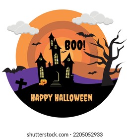 Vectorial illustration for halloween day celebration, with silhouettes of pumpkin, bat, cat, tombstone, cross, house and text of trick, treat, scare.
