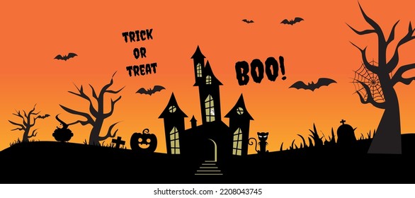 Vectorial illustration for halloween day celebration, with silhouettes of pumpkin, bat, cat, tombstone, cross, house and text of trick, treat, scare.
