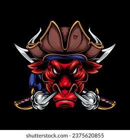 Vectorial illustration head ferocious bull on a black background