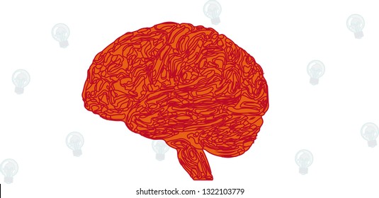 Vectorial illustration of human brain with white background and light bulbs representing ideas.