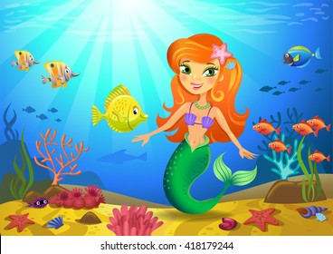 Vectorial illustration of a mermaid on a seabed with corals and small fishes