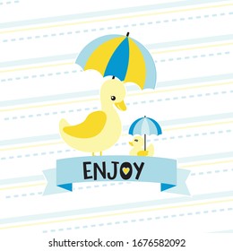 Vectorial illustration of mother duck and baby with an umbrella and the text Enjoy