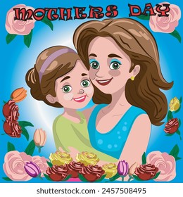 VECTORIAL ILLUSTRATION OF A MOTHER AND HER DAUGHTER, VERY HAPPY ABOUT MOTHERS DAY. THERE ARE SOME FLOWERS LIKE ORNAMENTS AND A TEXT