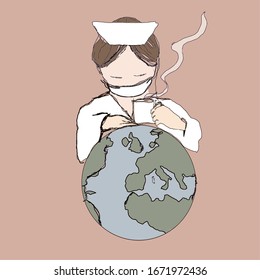 Vectorial illustration of a nurse saving and taking care Europe and the world from coronavirus, tired with a cup of coffee in her hand on scarlet background. All are a digital illustration.