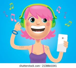 Vectorial Illustration of a pretty girl listening to music on his smartphone. A cute and smiling young lady who loves music.