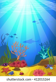 Vectorial illustration of a seabed with corals and small fishes