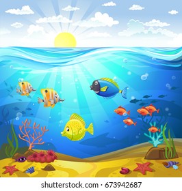 Vectorial illustration of a seabed with corals and small fishes