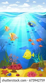 Vectorial illustration of a seabed with corals and small fishes