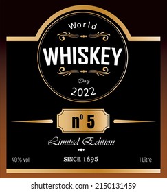 Vectorial illustration simulating a whisky bottle label for the celebration of World Whisky Day. May 15th