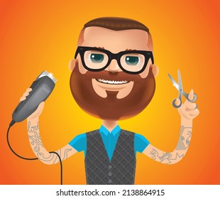 Ilustración de un barbero sonriente. Un personaje adorable de un peluquero profesional con sus herramientas.