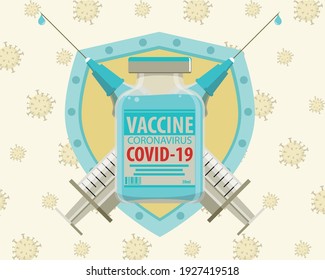 Vectorial illustration of syringes and vial with antigen against coronavirus forming a coat of arms.